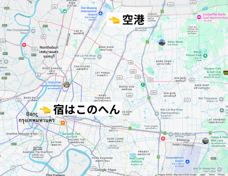 バンコクのマップ（宿と空港の位置関係）