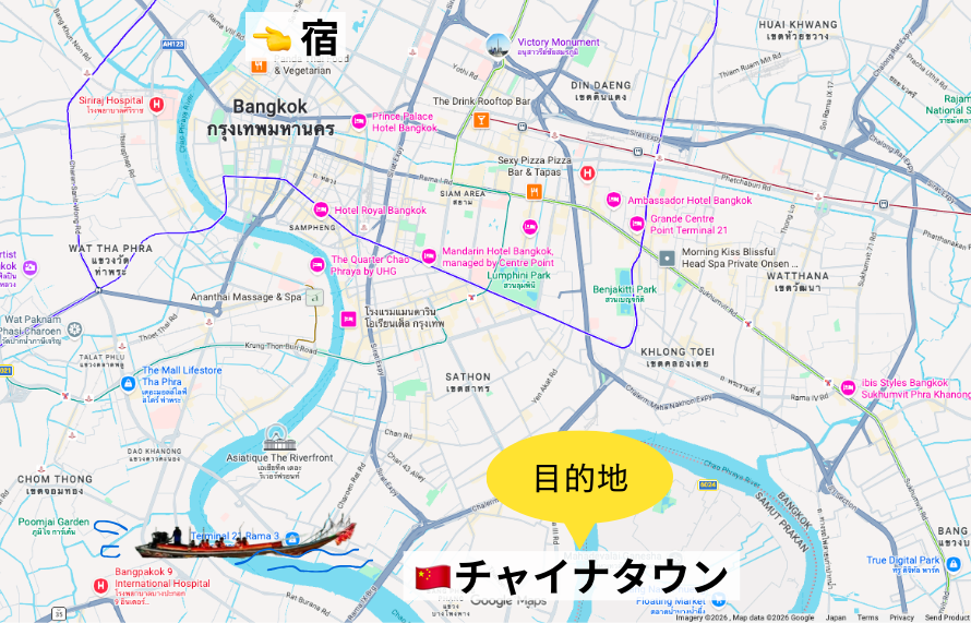 バンコクのマップ（宿からチャイナタウンまで）